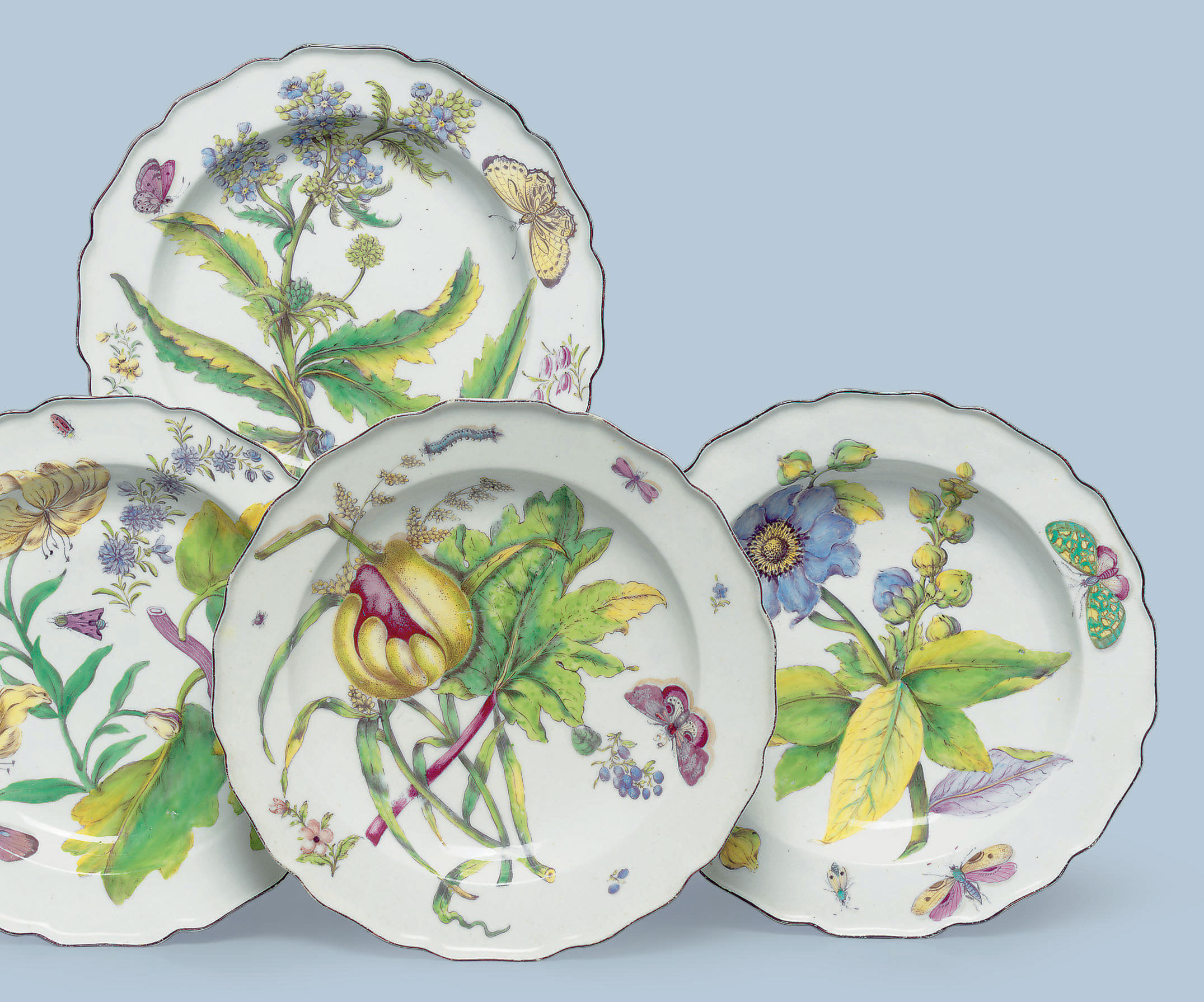 four chelsea porcelain "hans sloane" deep plates