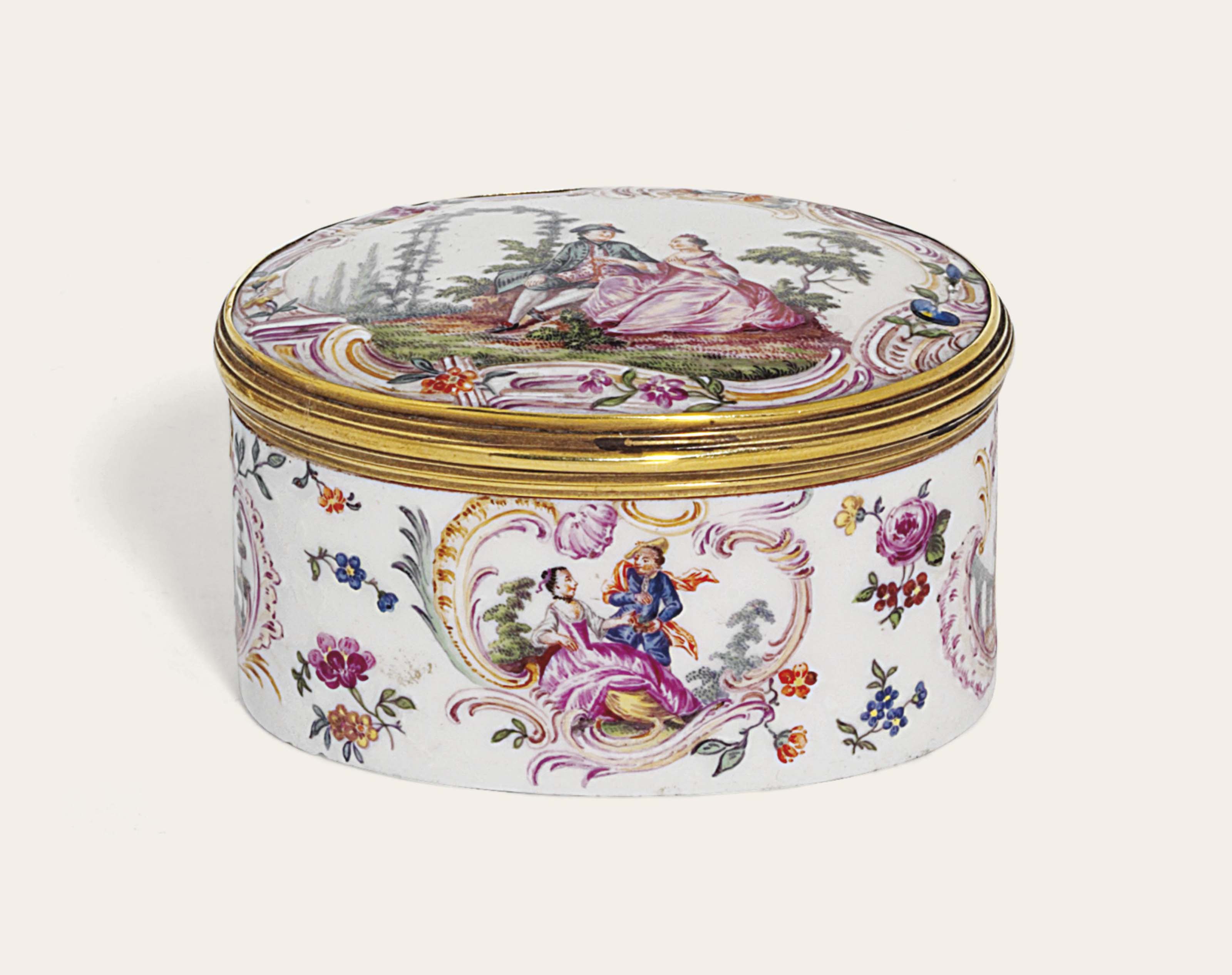 a german porcelain gold-mounted oval snuff-box and cover