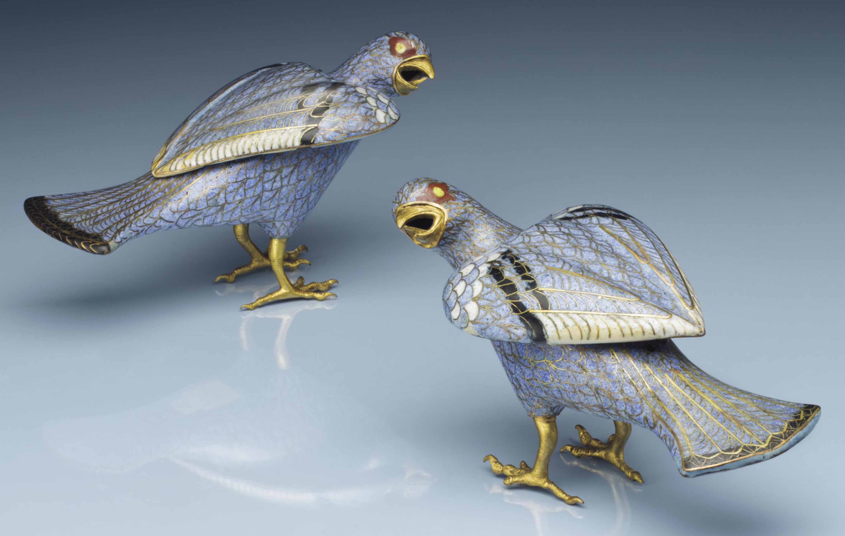 a pair of pale lavender-blue cloisonn enamel hawk-form censers