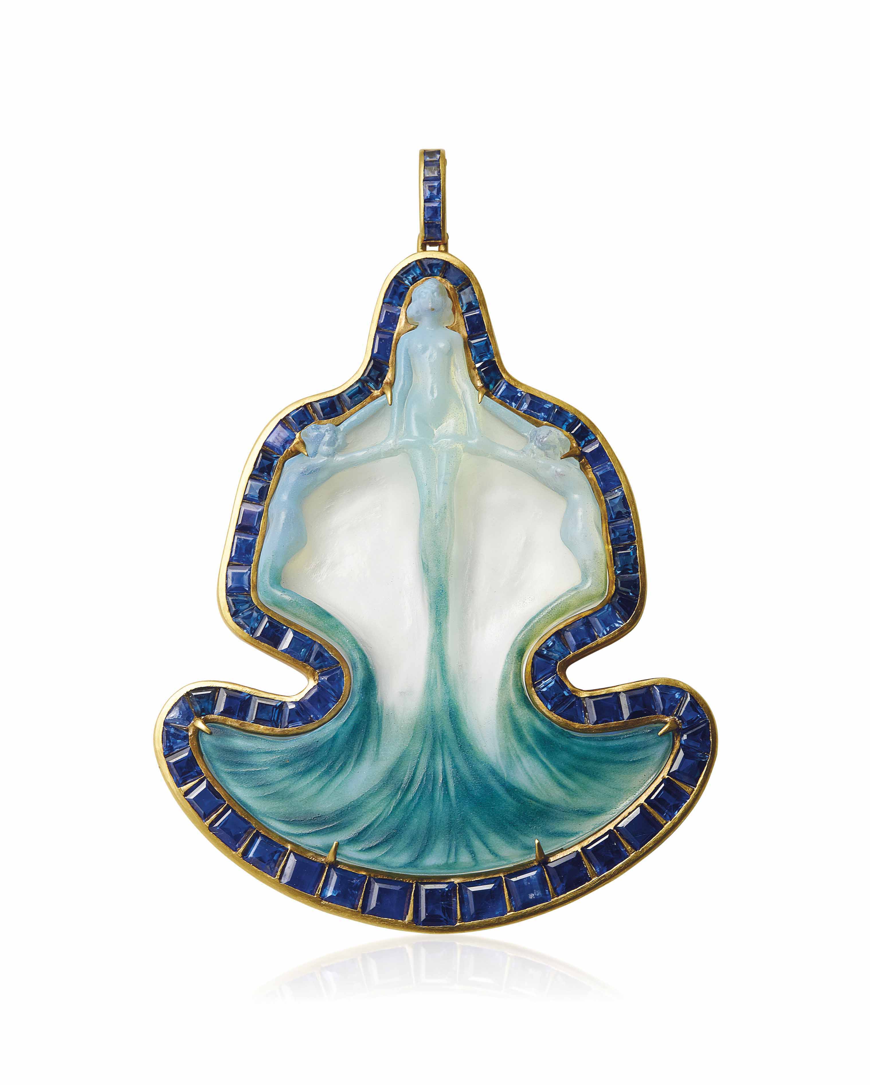an art nouveau glass and sapphire pendant, by ren lalique