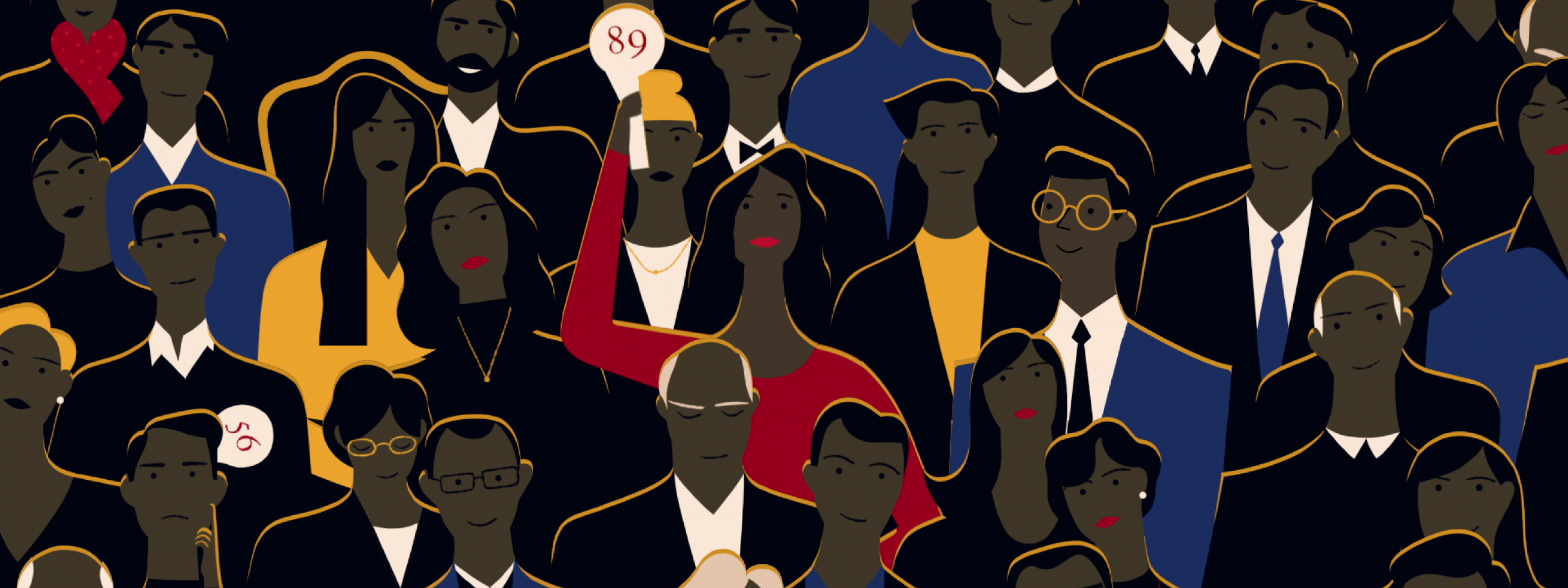 Colorful illustration of diverse, stylized people in formal attire, some holding numbered paddles.