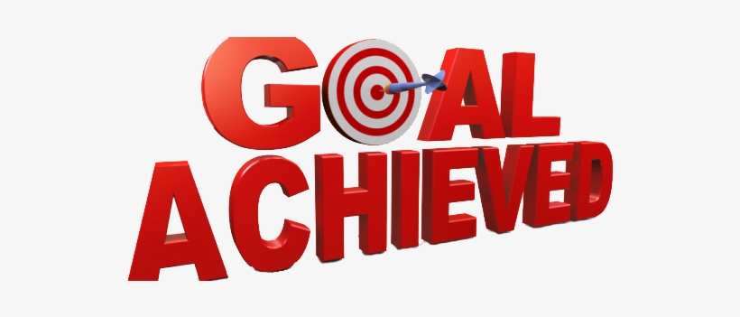 3D text "GOAL ACHIEVED" in red, with a target and dart at its center, symbolizing success or accomplishment.