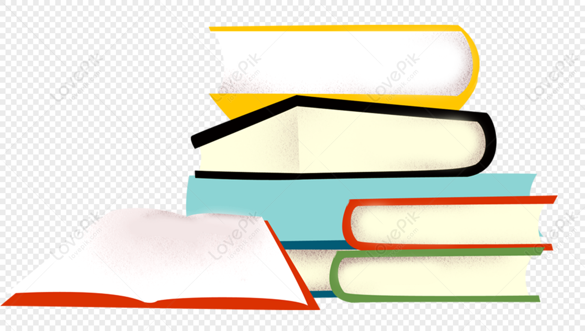 A stack of colorful books in a slightly abstract style against a transparent background.