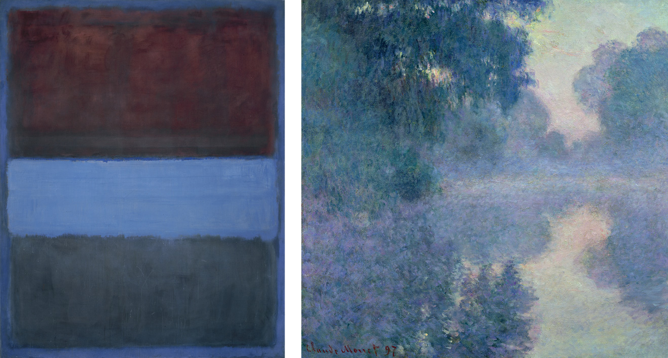 兩幅畫並列：左邊是馬克·羅斯科 （Mark Rothko） 的紅色、藍色和黑色分層矩形;右邊是 1897 年朦朧的莫奈風景畫。