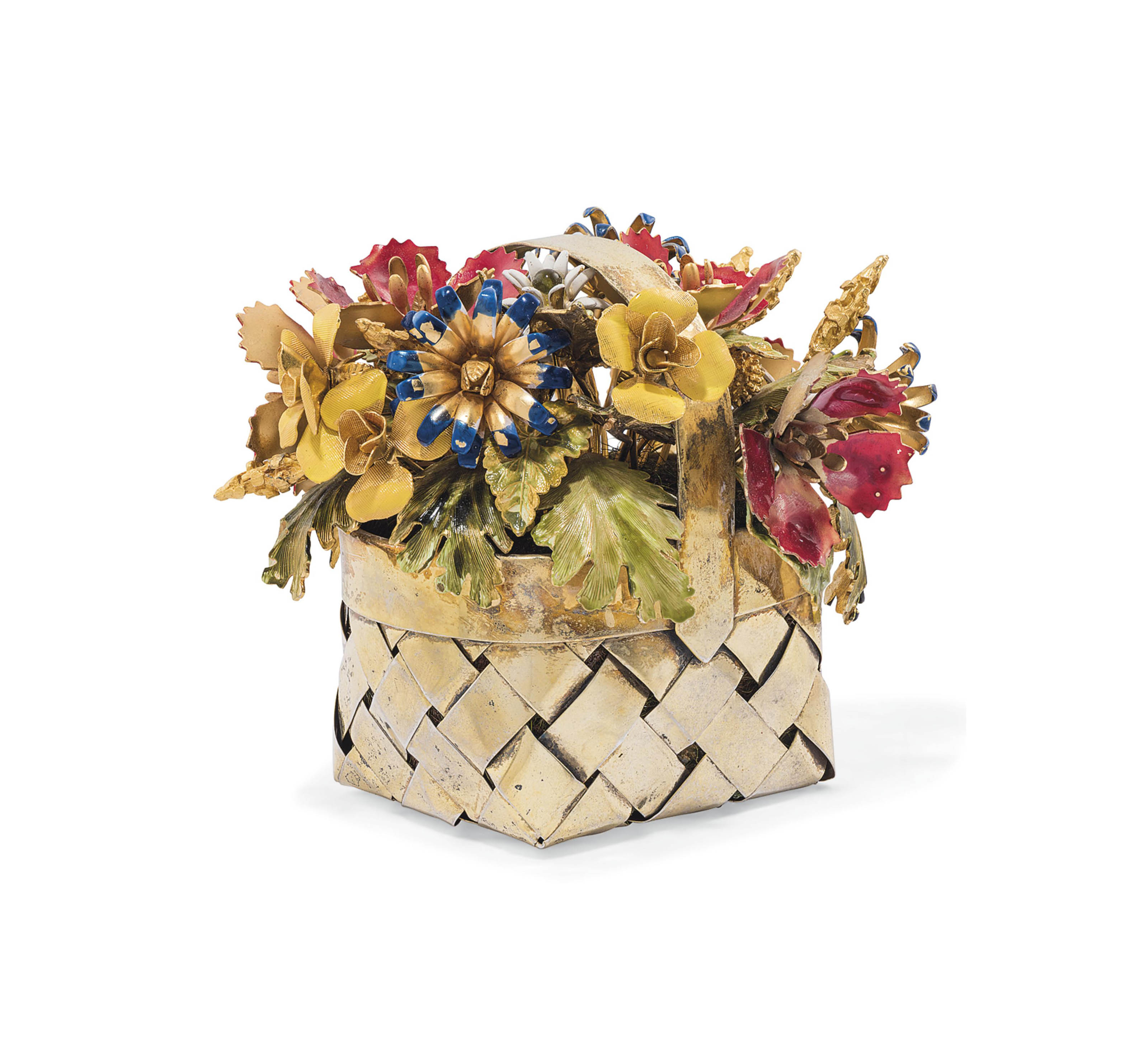 three gilt and enamel basket of flowers, by cartier